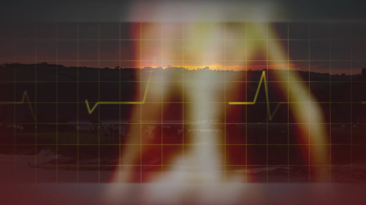Heartbeat graph animating over sunset landscape with grid overlay in background