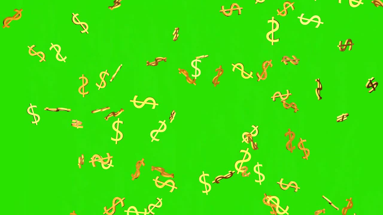 Gold dollar symbol. 3D animation of a falling dollar on a green background.