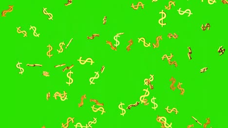 símbolo de dólar dorado. animación en 3d de un dólar cayendo sobre un fondo verde.