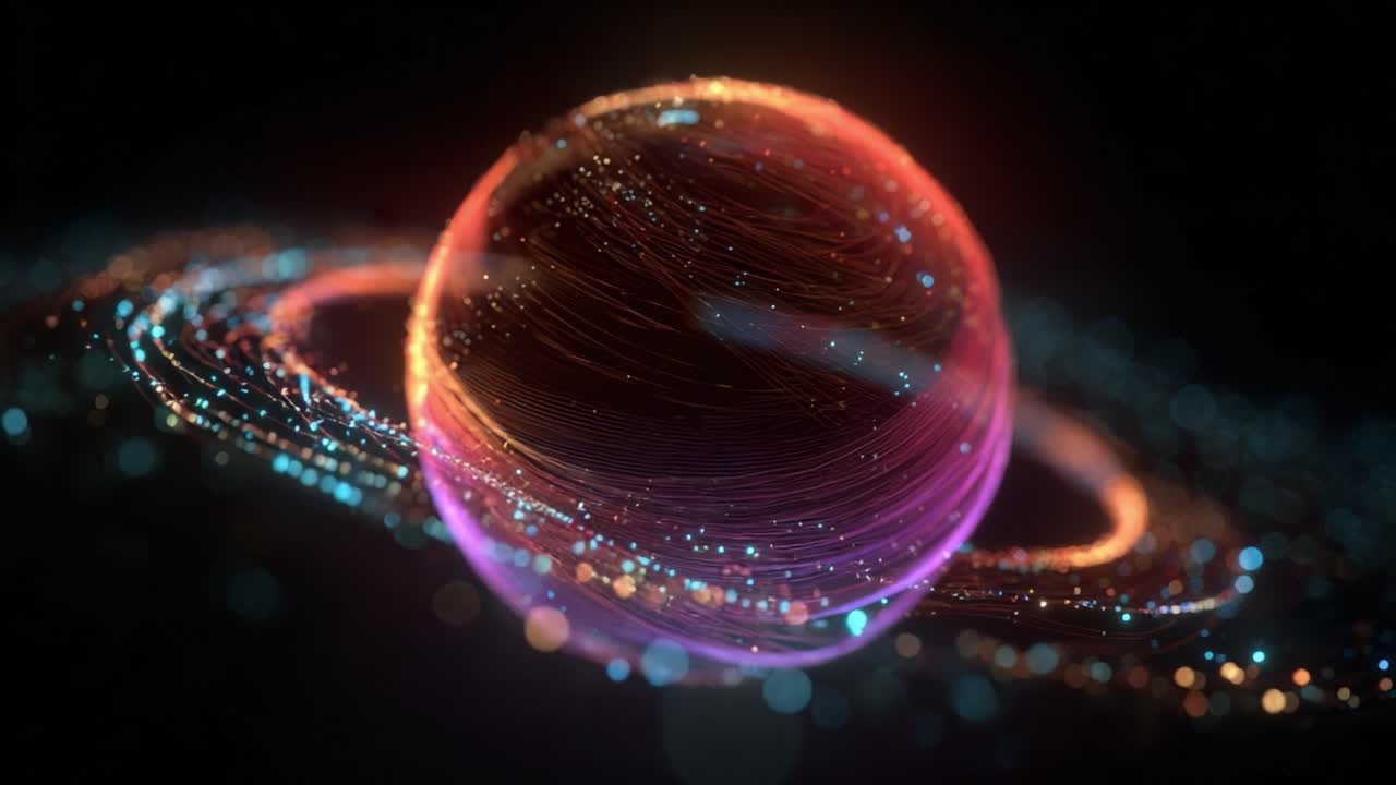 Abstract animation of a rotating sphere with glowing lines and rings of particles on a dark background, representing concepts like big data, network connections, technology and futuristic energy