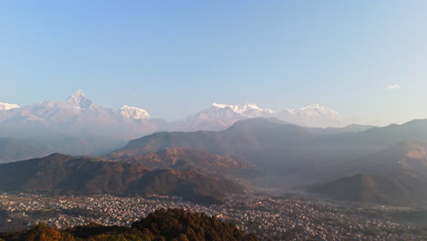 aerial panorama of himalayan dhaulagiri, annapurna and manaslu peaks. in nepal
