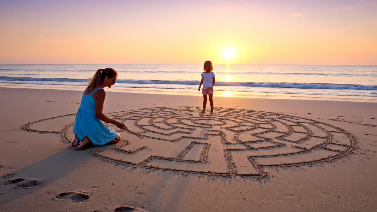 Mother and Daughter Drawing Maze on Beach at Sunset
