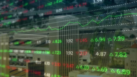 Animation-of-stock-market-and-data-processing-over-cityscape