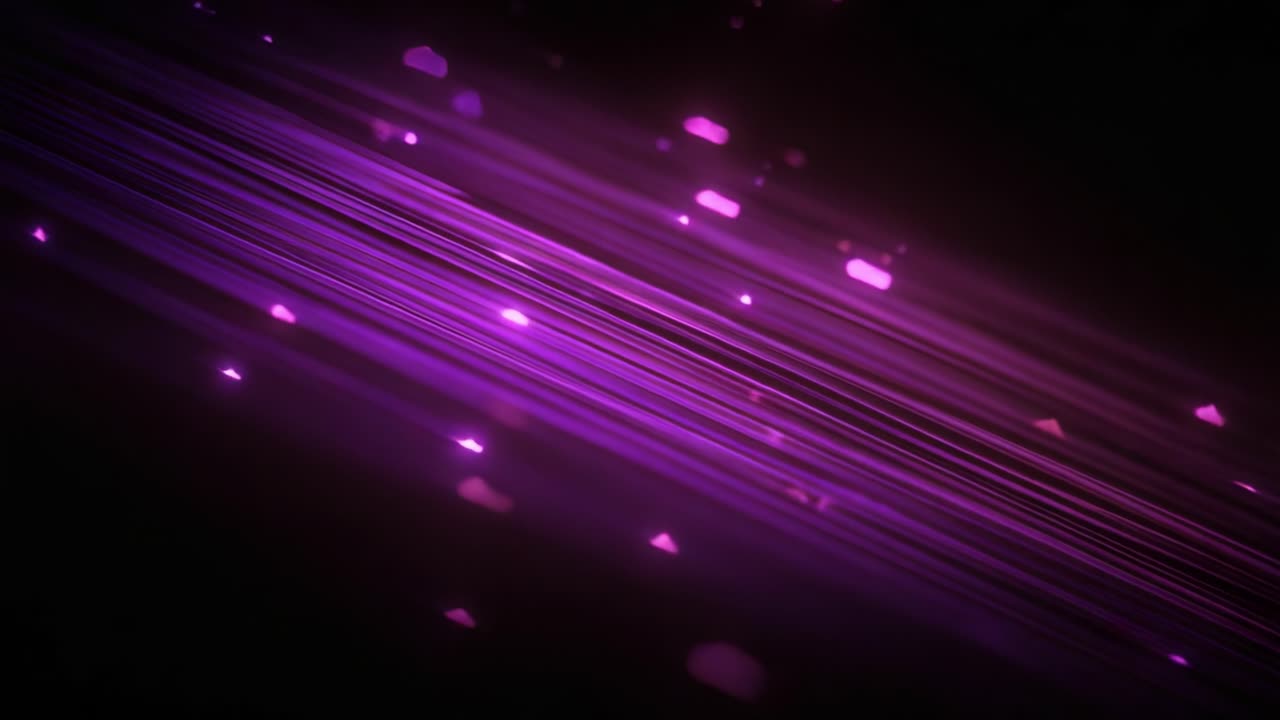Dynamic Abstract Light Waves: A Journey Through Luminous Purple Strands and Dazzling Particles in a Darkened Background, Capturing the Essence of Motion and Energy