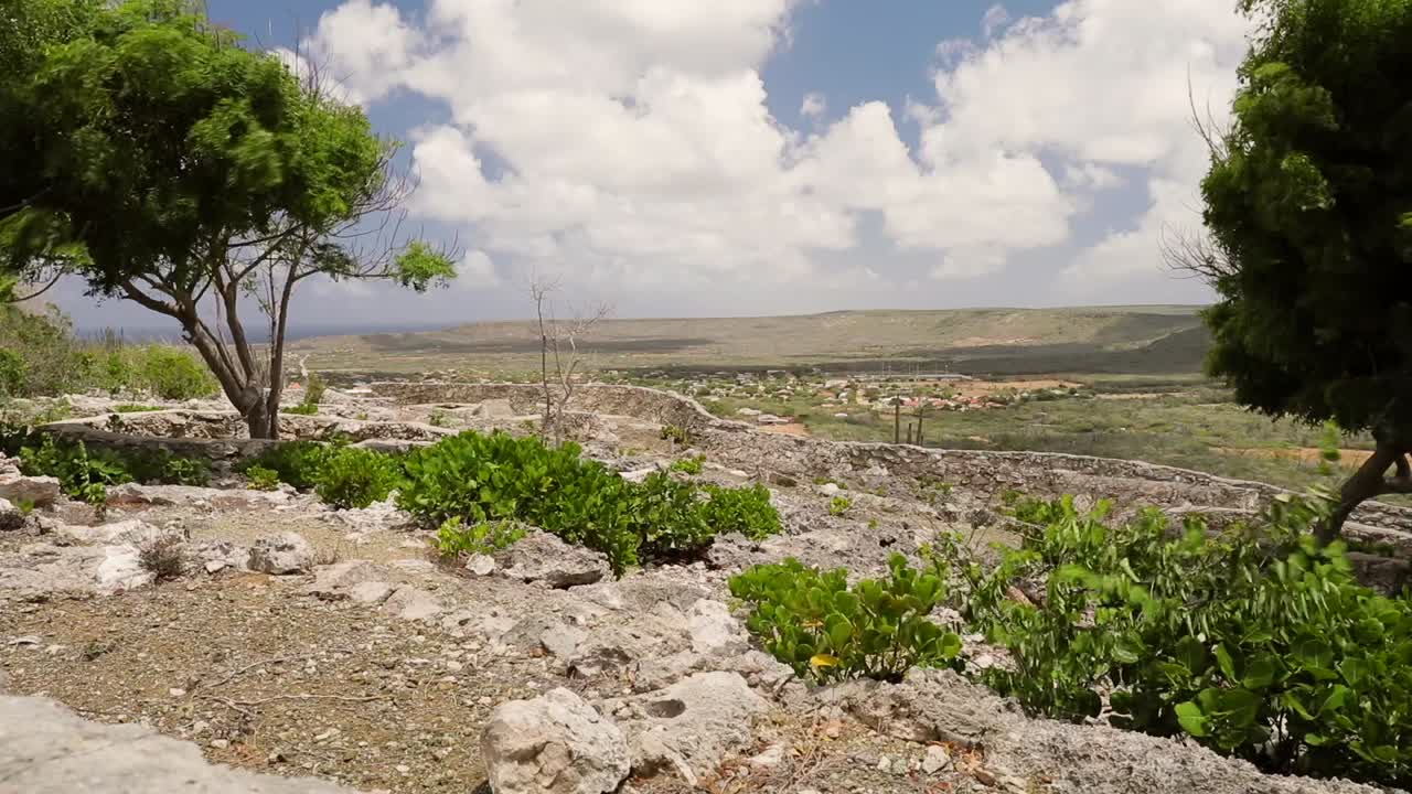 Scenic Landscape with Rocks, Trees, and Distant Hills