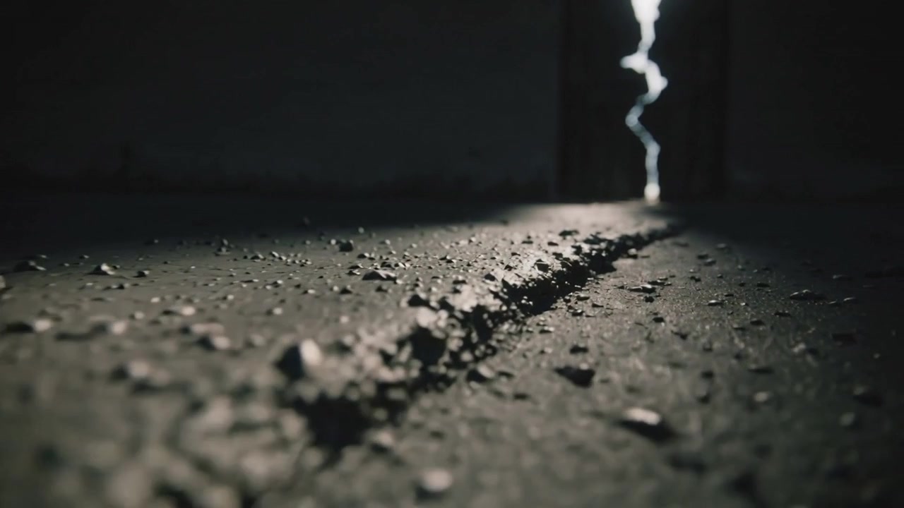 Messa a fuoco che si sposta, telecamera bassa che scorre sul pavimento di cemento rivelando una cresta, pietre e dettagli di una fessura.