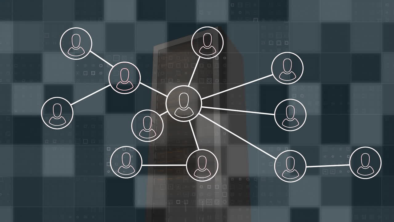 서버를 통해 사람 아이콘과 연결 네트워크의 애니메이션