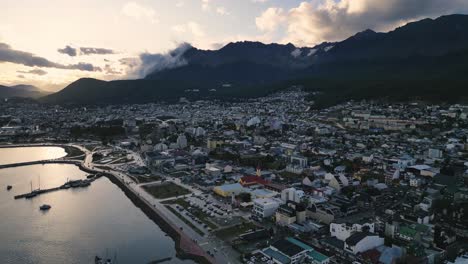 Ushuaia-City-Argentina-Aerial-View-Patagonian-Mountains-Seascape,-Town-in-Dreamy-Picturesque-Atmosphere,-South-American-Travel-Destination