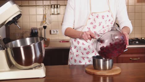 mujer preparando mermelada de bayas con mezclador de soporte