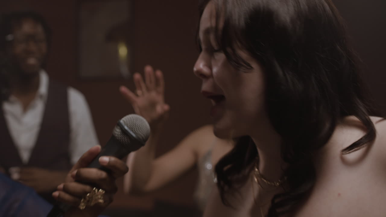 People enjoying karaoke night with friends