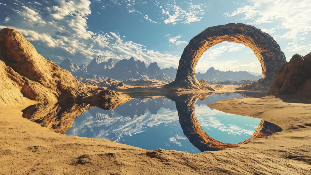 paesaggio fantastico con un riflesso di un arco di roccia