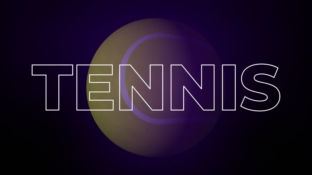 Tennis ball spinning sphere 3D animation outlined text letters typeface font sports game tournament titles on gradient background motion graphics dynamic abstract colour purple