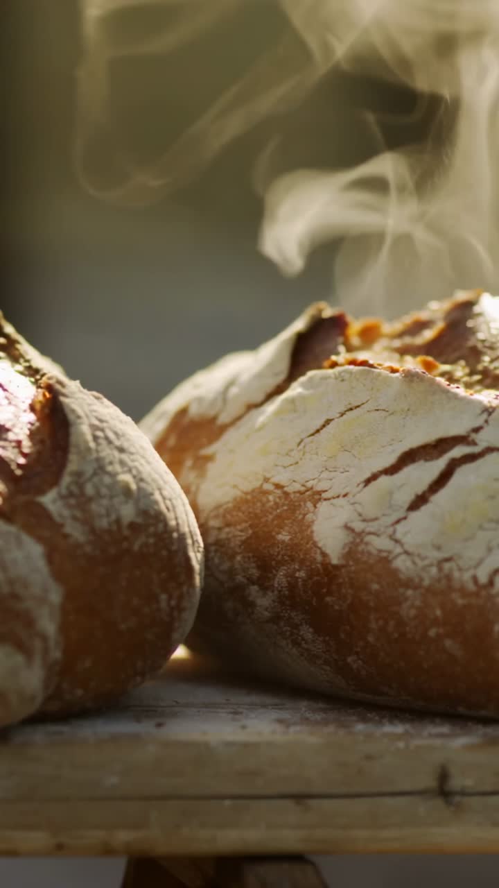 Vertical video: Zooming camera on steaming bread loaves on wooden plank, highlighting flour dust
