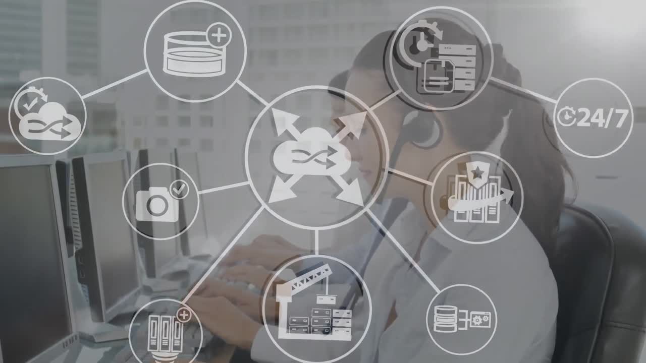 red de iconos digitales contra un equipo de ejecutivos de atención al cliente que trabajan en la oficina