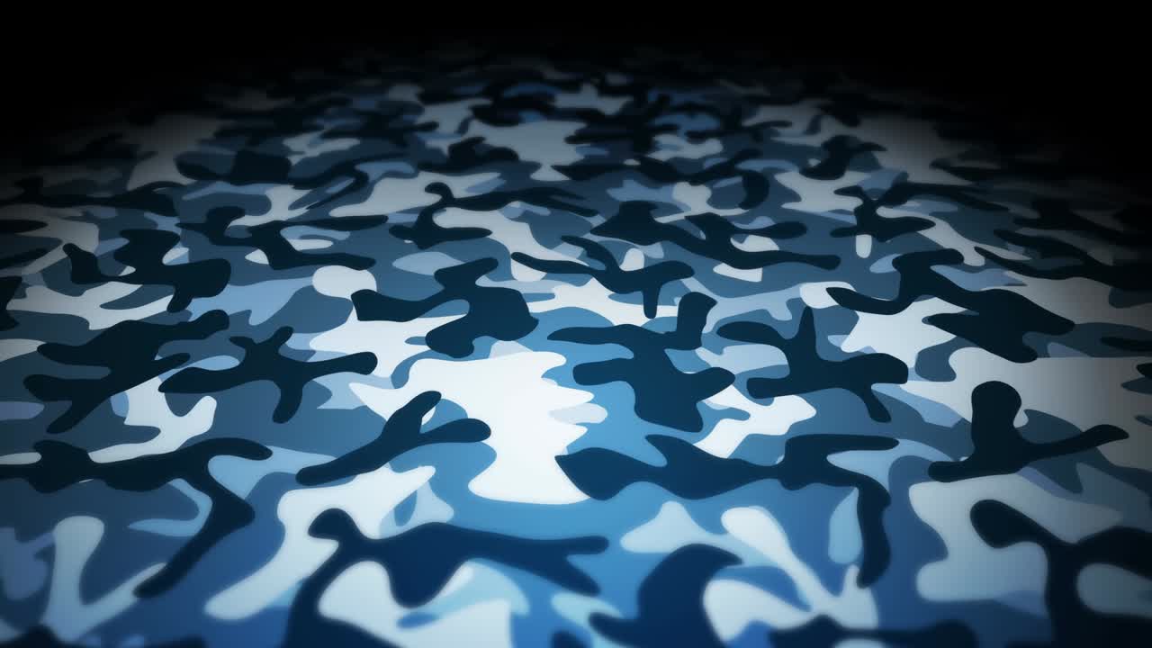 파란색 위장 패턴 배경, 군사 유니폼 개념, 추상적인 선과 파동 텍스처, 루프 애니메이션