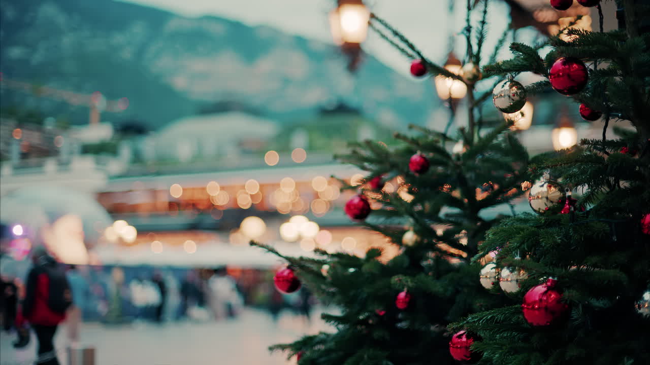 Close up of decorations on a Christmas tree in front of the Monte Carlo Casino in Monaco