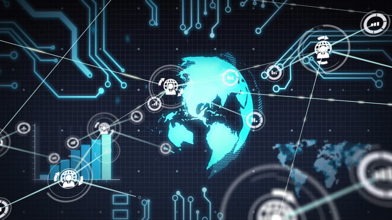 Animation of network of connections with icons over globe and world map