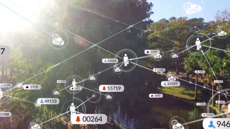 animation of social media icons and network of connections over empty park