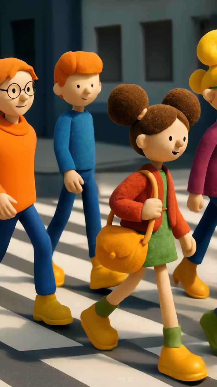 Group of Animated Characters Walking on a Crosswalk
