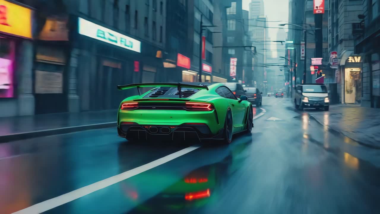 Green Sports Car on a Wet City Street