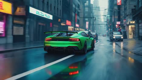 green sports car on a wet city street