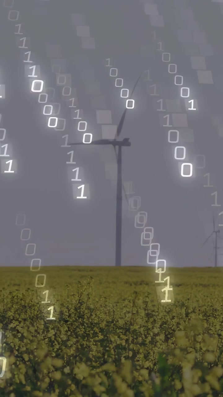 Video verticale: Turbine eoliche che ruotano sopra un campo coltivato giallo, con un flusso di dati binari da sensori che mostra l'energia.