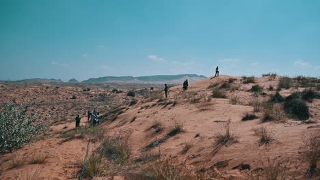people exploring sand dunes in a desert landscape