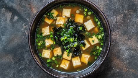 close-up of a bowl of miso soup with tofu, seaweed, and green onion