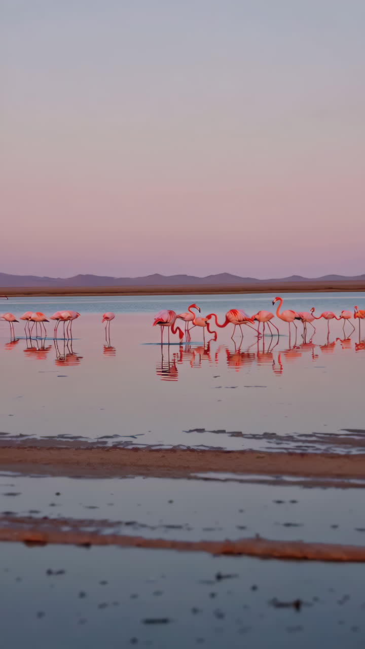 해가 지는 순간 핑크색 플라밍고