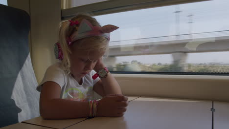 little traveler watching cartoons on the phone in train