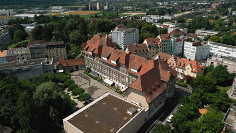 aerial of a small town in switzerland