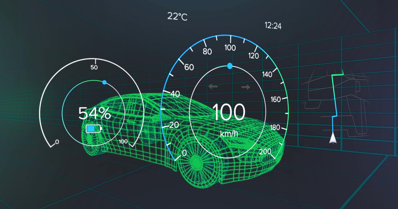 Interfaccia del cruscotto digitale che mostra la velocità e lo stato della batteria di un'auto elettrica.