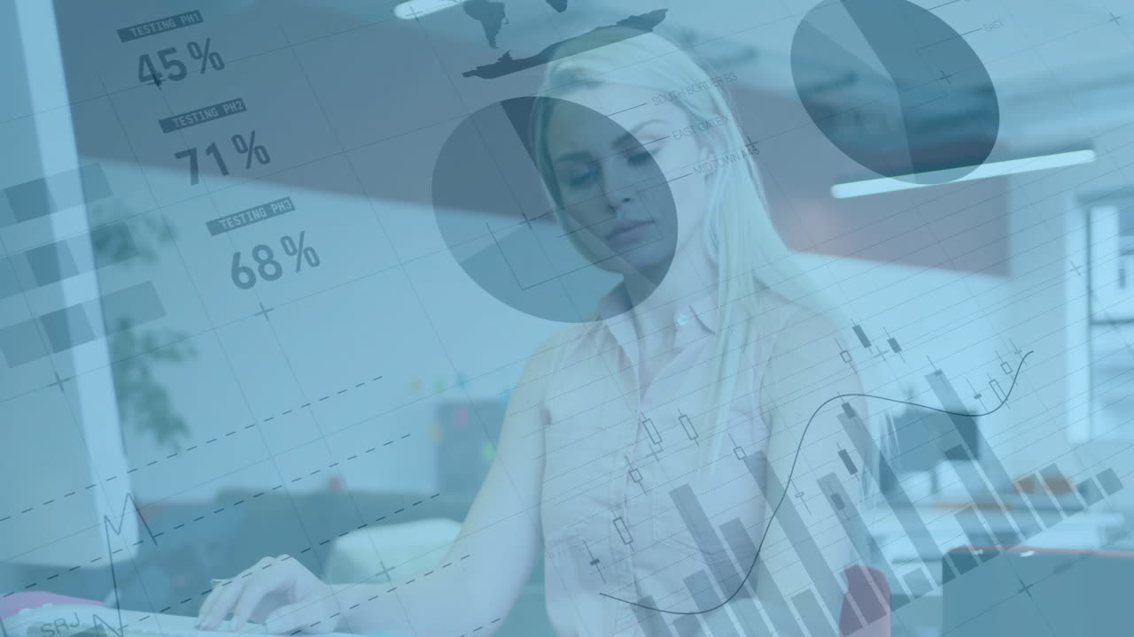 Animation of financial data processing over caucasian businesswoman holding documents in office