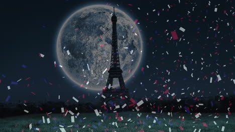 Animation of confetti, full moon and eiffel tower background