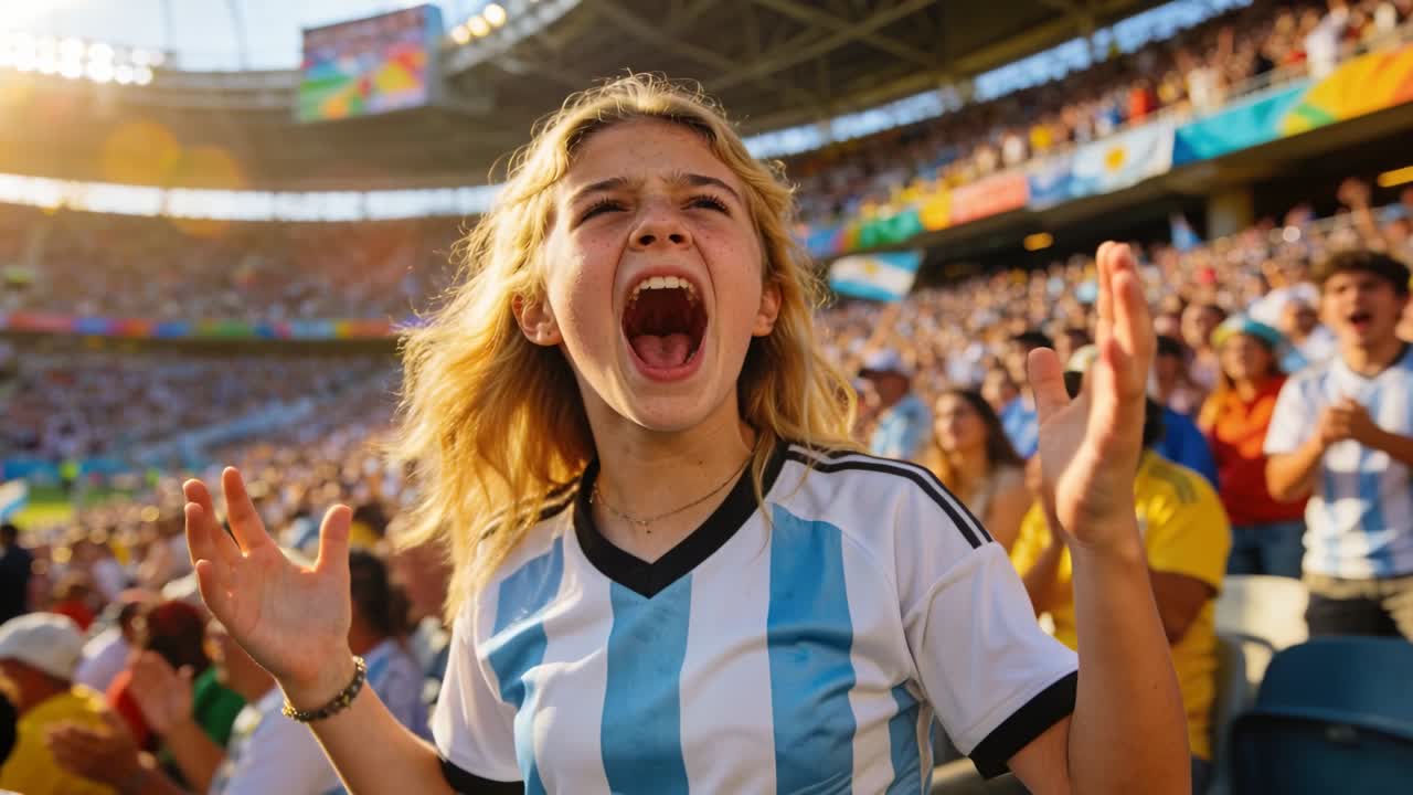 Adolescente reaccionando a una jugada clave, gritando y levantando los brazos en las gradas, vistiendo una camiseta de Argentina.