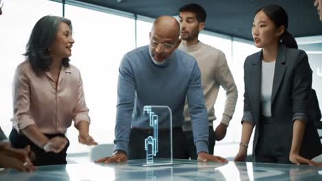 a collaborative business meeting showcasing innovative technology in a modern workspace with engaged team members analyzing a 3d holographic model