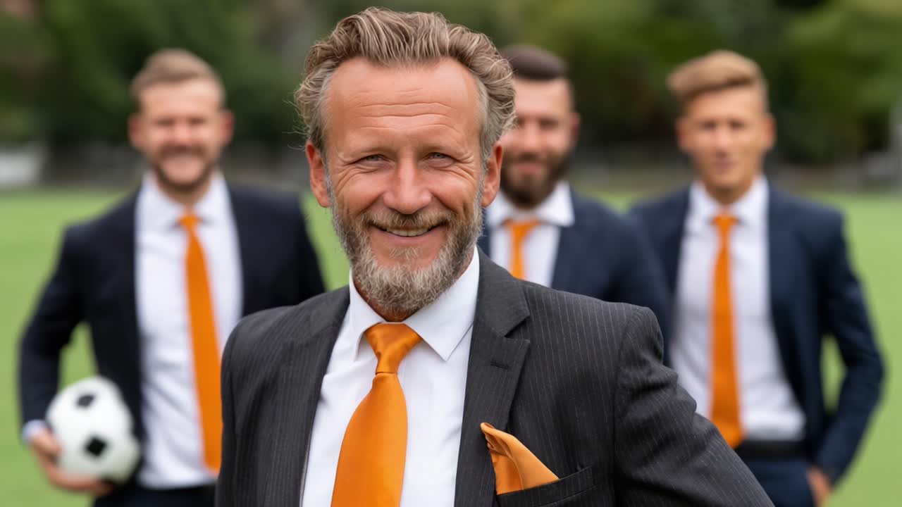 A confident coach confidently stands at the forefront of a thriving soccer team, embodying leadership and ambition with teammates showcasing vibrant orange accents on their attire