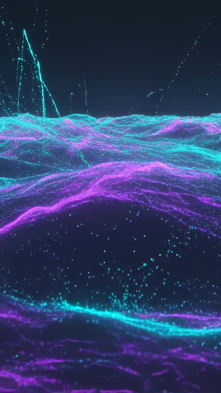 Vertical video: Loop starting, neon waves undulating on dark horizon, emitting left sprays for mood