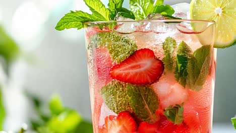 primer plano de un vibrante mojito de fresa con hojas de menta frescas, limón en rodajas y fresas. la luz del sol mejora la refrescante bebida en un entorno al aire libre frondoso