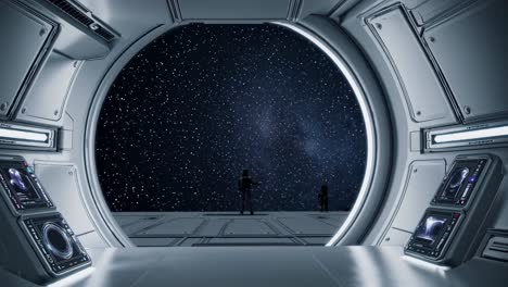 spaceship interior with astronauts viewing the stars