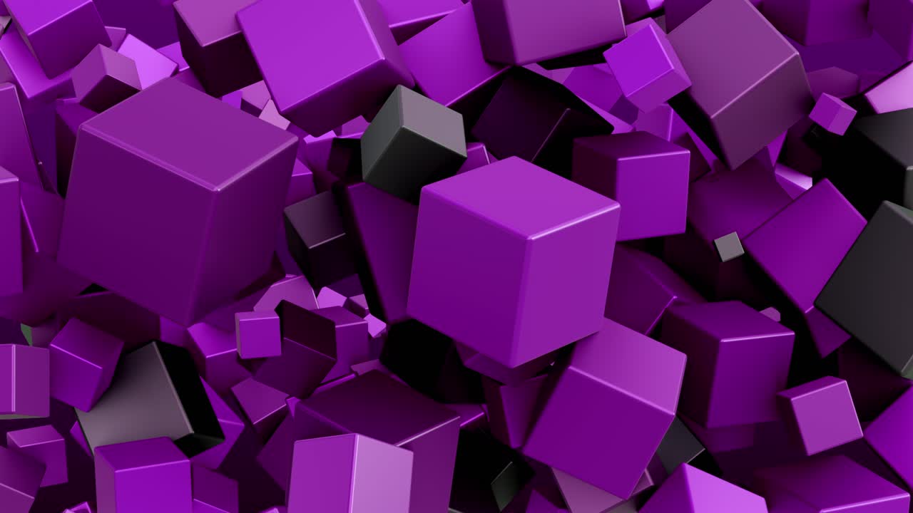 Field of brushed pink and grey cubes rotating in a low gravity field