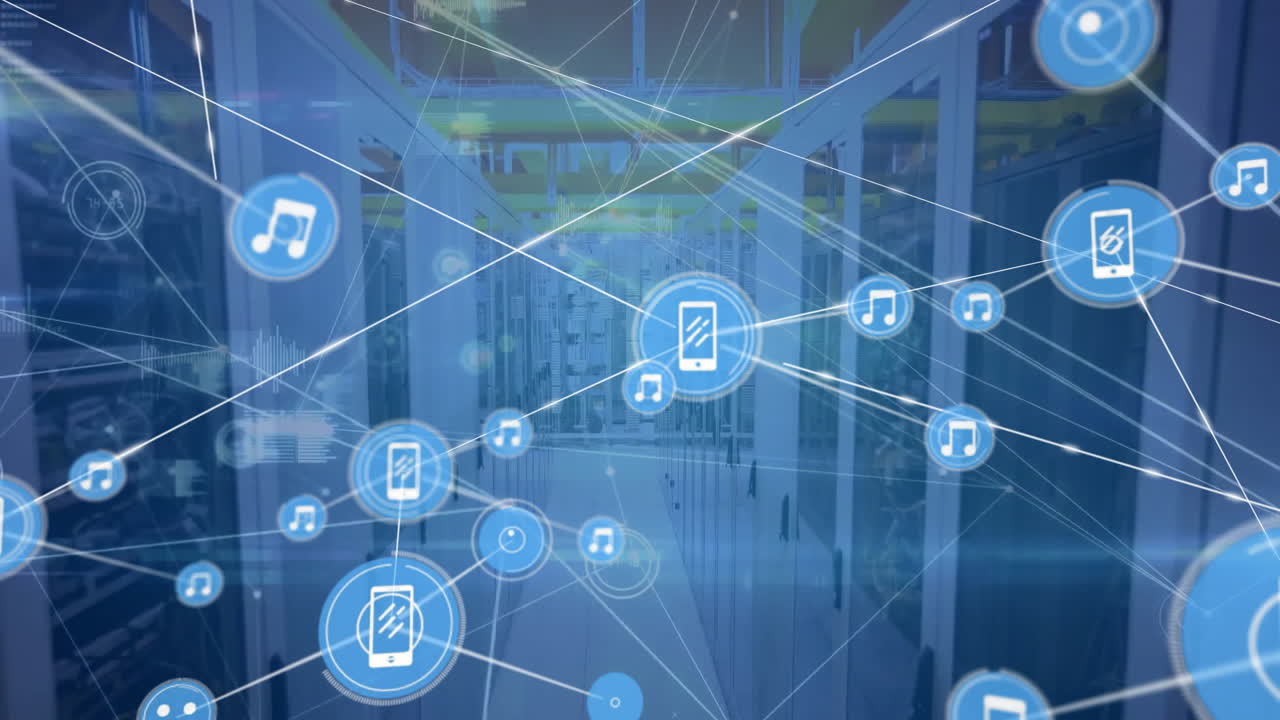 아이콘과 데이터 처리를 통해 컴퓨터 서버를 통해 연결 네트워크의 애니메이션