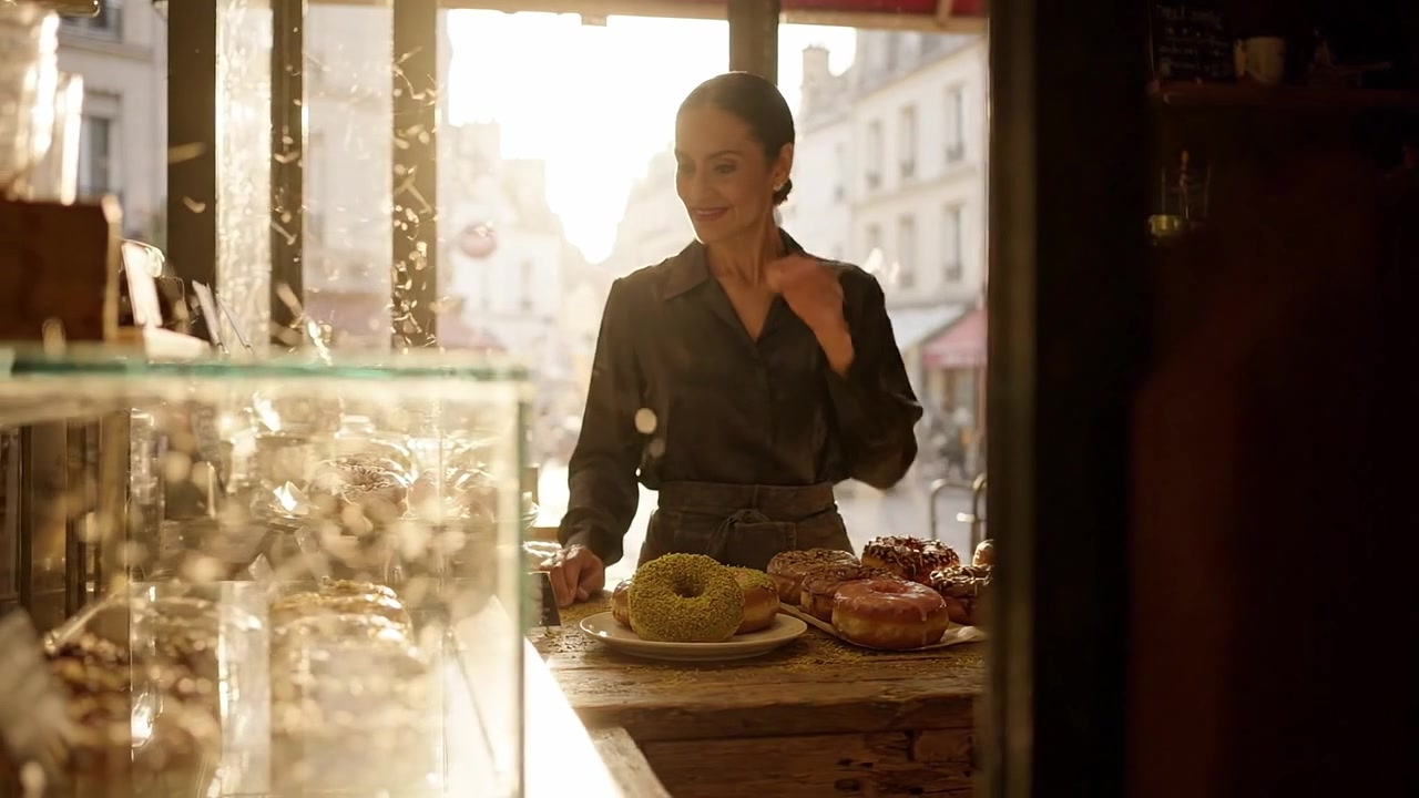 Una calda mattina in un'affascinante panetteria con deliziosi dolci e un panettiere premuroso pronto a servire, illuminato da una morbida luce dorata attraverso la finestra.