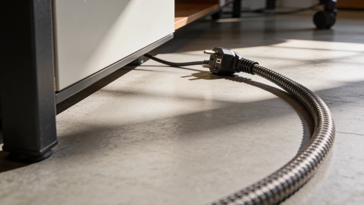 Vertical video: Sunlight casting highlighting two prong plug and braided hose resting under cabinet