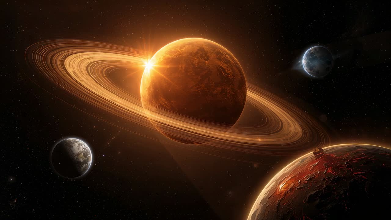 Peeking star casting light across ringed planet and moons in deep space, molten surface, copy space