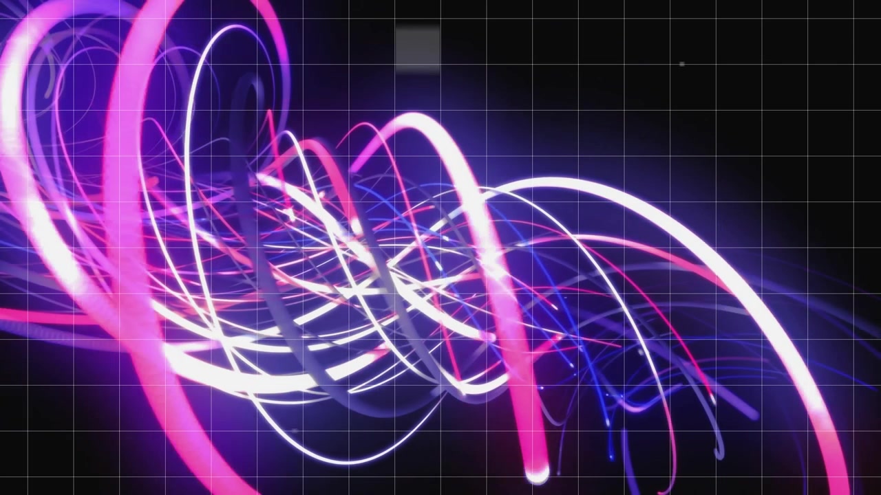 Starting pink red streak shooting inward, 3D neon ribbons building helix over grid, faint squares