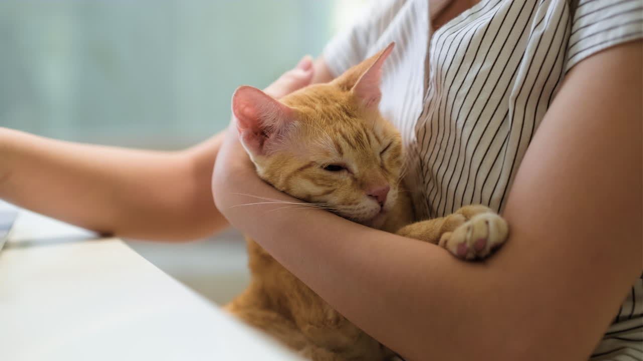 고양이와 함께 노트북에서 일하는 여자