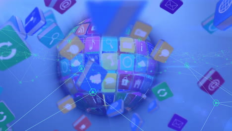 globo digital con iconos de aplicaciones y conexiones de red, animación sobre fondo azul