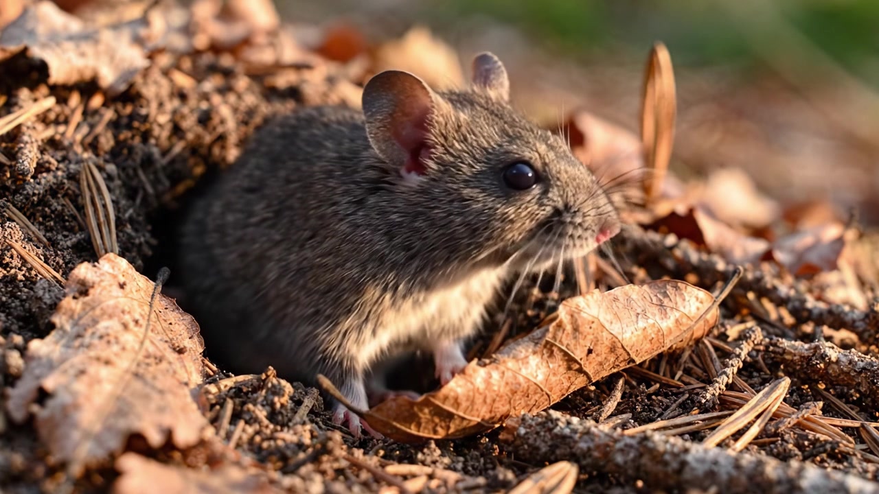 Un adorabile topo emerge dalla sua tana, circondato da foglie autunnali, catturando la bellezza della natura e le complessità della fauna selvatica in un ambiente caldo e soleggiato.