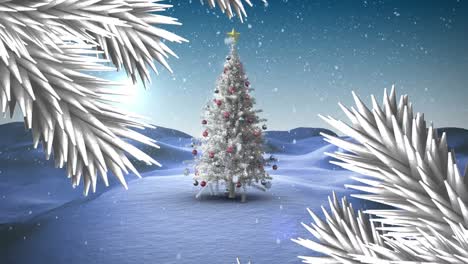 white christmas branches against snow falling over christmas tree on winter landscape
